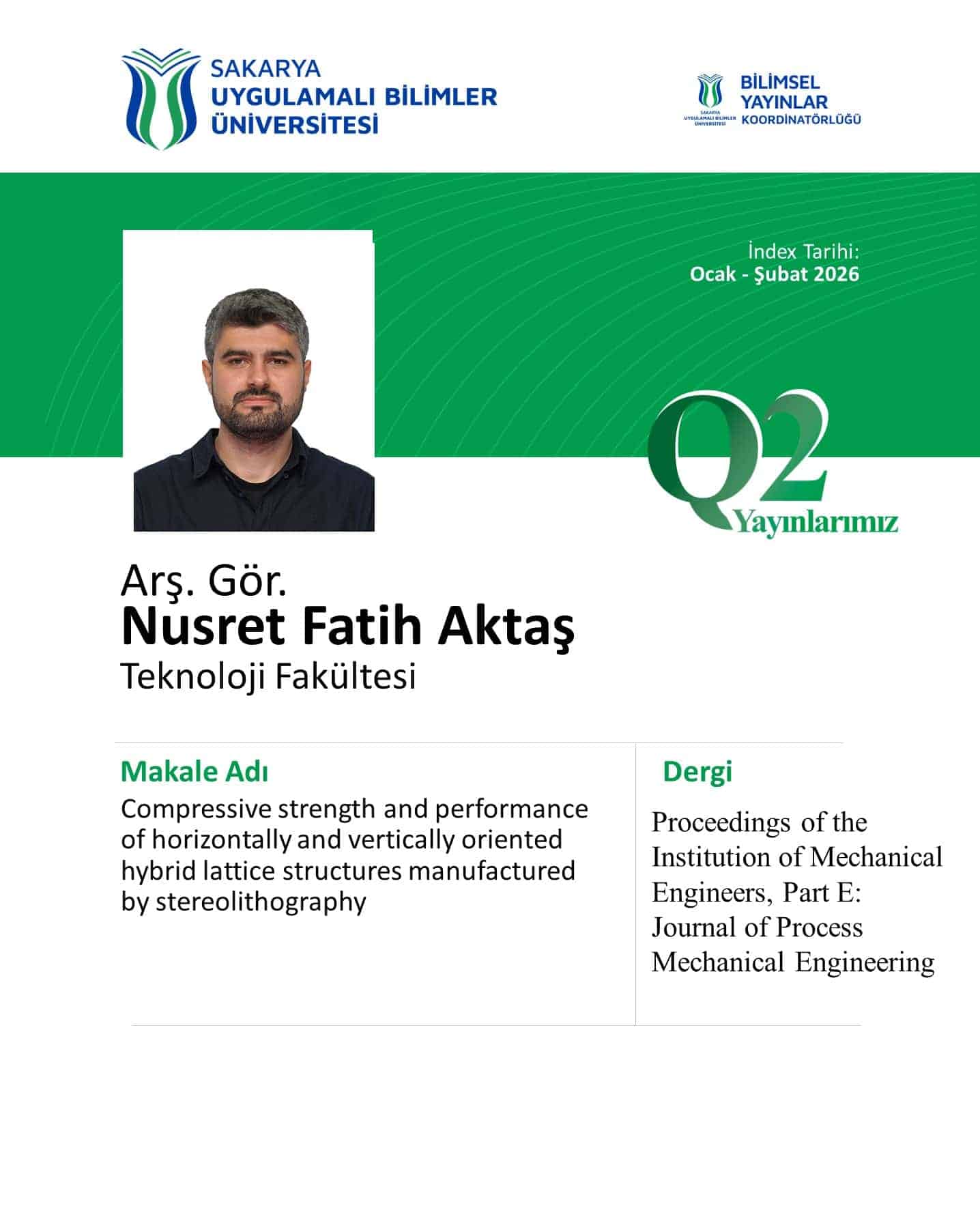 Fakültemiz Öğretim Üyeleri Q1 ve Q2 Dergilerde Akademik Yayınlarıyla Başarı Gösterdi